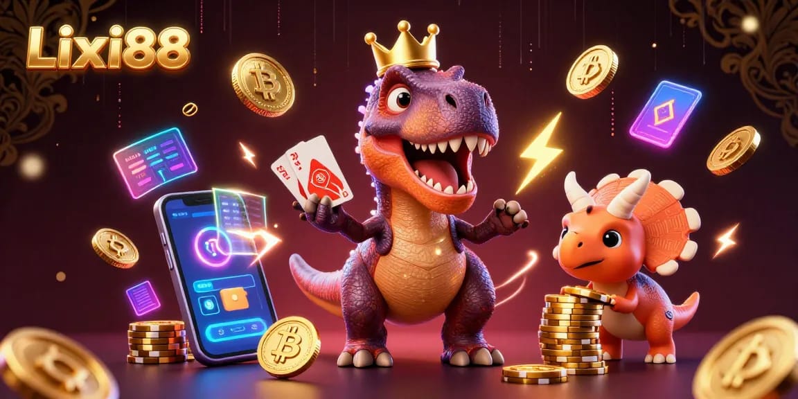 Lixi88 showcases a playful T-Rex and friends engaging in a vibrant casino scene filled with exhilarating gaming elements.