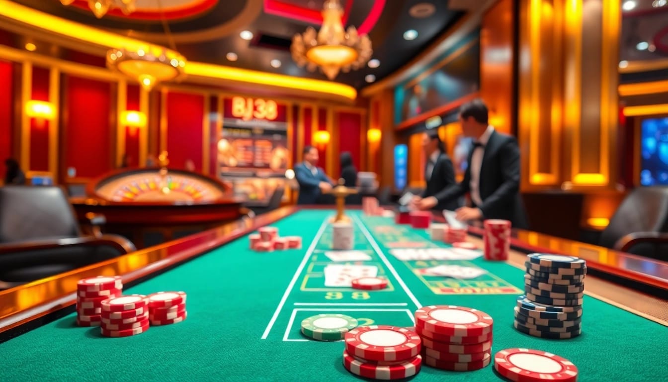 Experience the thrill of gambling at BJ38 with vibrant casino tables and engaging live dealers.