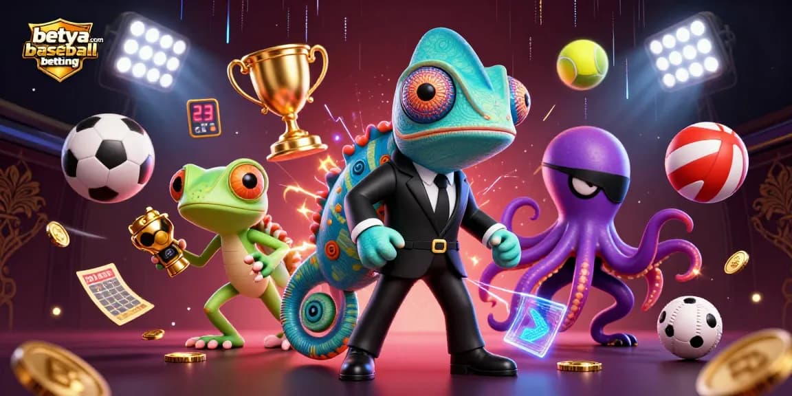 Engage with betya.com baseball betting through dynamic visuals of sports betting elements and characters.