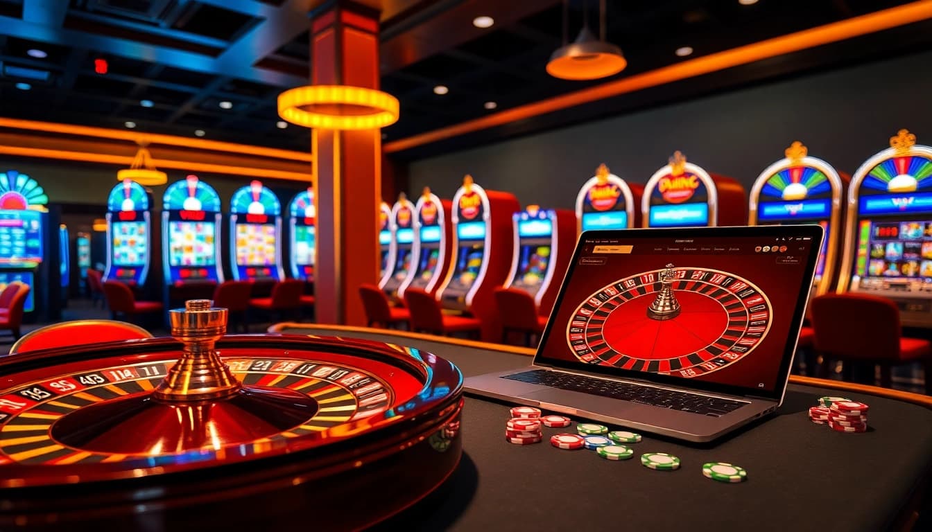 Experience the thrill ofvvjl gaming with poker and roulette in a luxurious casino scene.