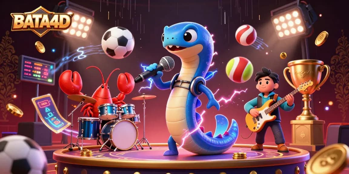 BATA4D menampilkan seekor belut listrik 3D berpenampilan DJ bersama band lobster dan kuda laut di panggung kasino bawah laut.