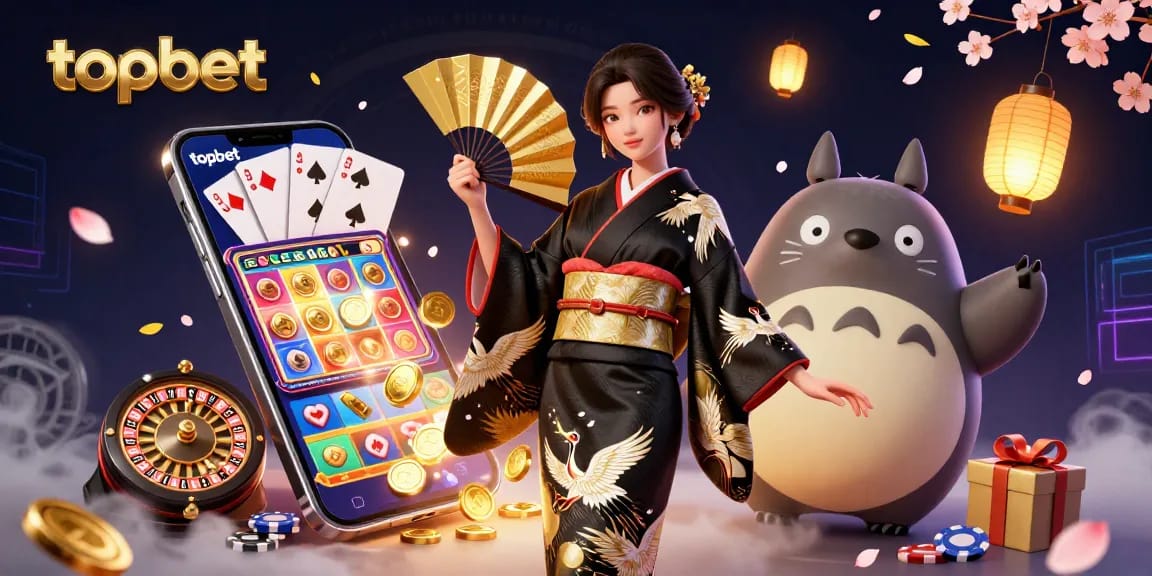 Engage with topbet, featuring a vibrant casino scene with an elegant woman and a wise tanuki.