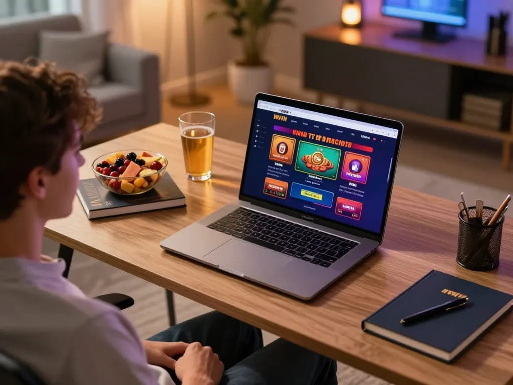 IWIN casino app displayed on laptop screen during strategic online gaming session