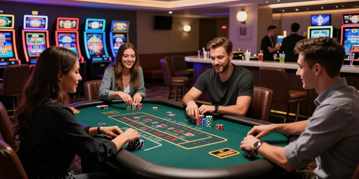 Exciting gameplay at a credit card casino showing friends enjoying blackjack and slots in a vibrant lounge.