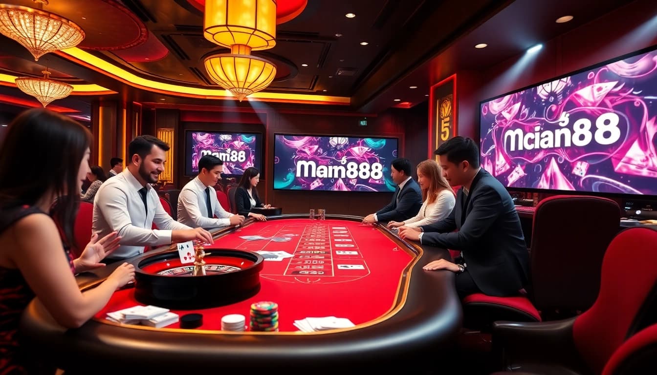 Players enjoying a thrilling game at nhà cái Man88 with professional dealers and dynamic casino elements.