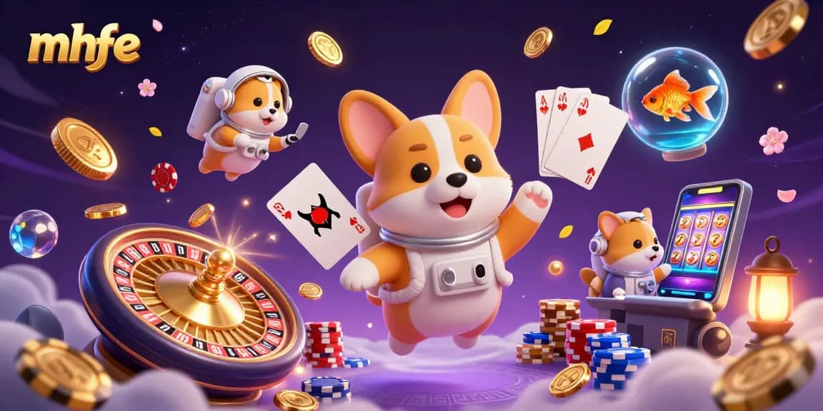 Experience thrilling gambling at mhfe with a cartoon astronaut corgi floating in a vibrant casino scene.