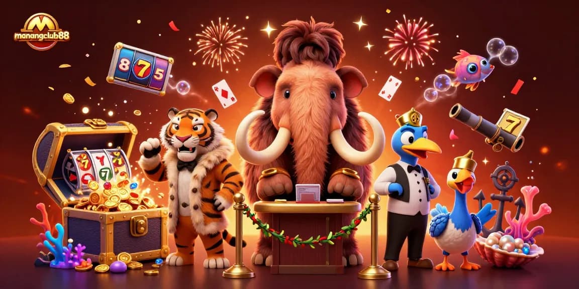 menangclub88 casino scene with a woolly mammoth and saber-tooth tiger surrounded by games
