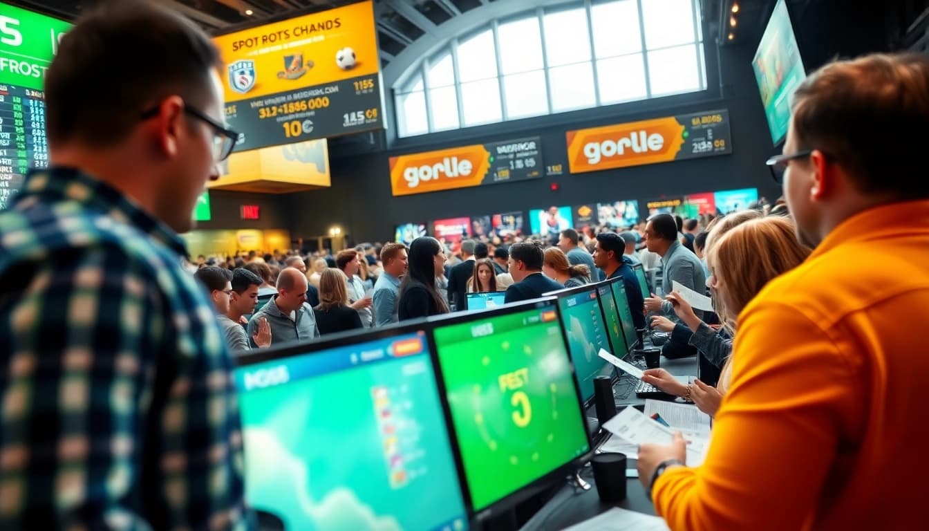 Engaging atmosphere of Sports Betting with enthusiastic individuals and live odds screens.