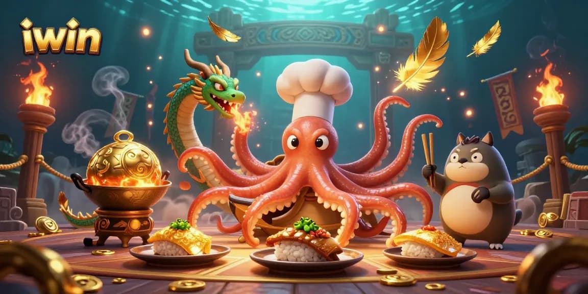 Engage with iwin’s thrilling casino scene featuring a sushi chef octopus, dragon, and tanuki!