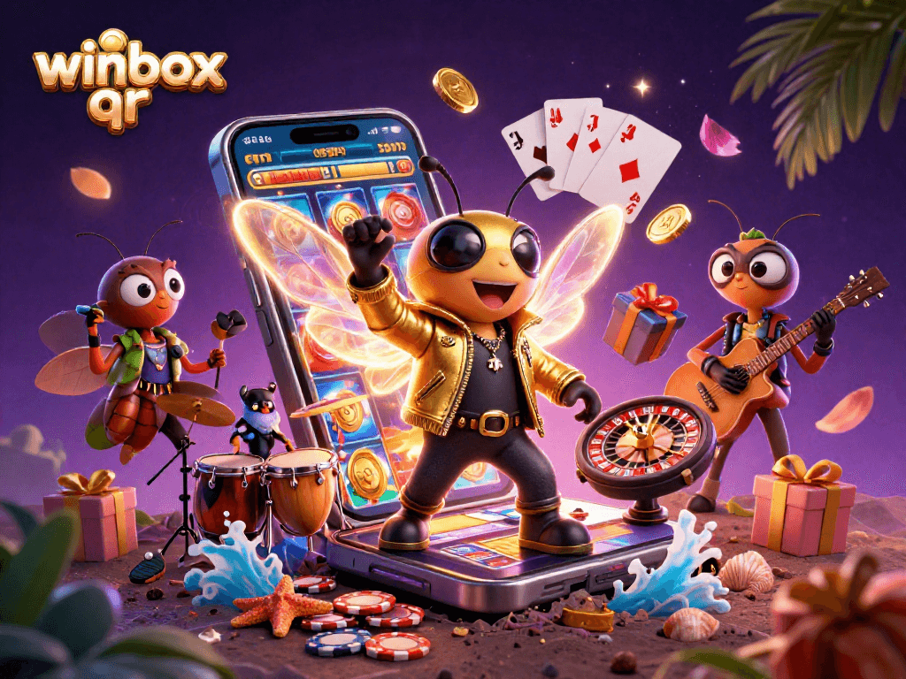 Experience thrilling winbox qr action with a vibrant 3D casino scene featuring lively characters and games.