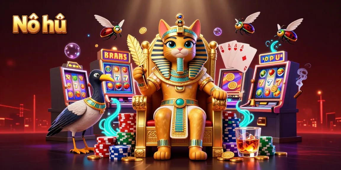 Engaging scene showcasing Nổ hũ with a pharaoh cat, a scribe, and vibrant slot machine elements highlighting jackpot excitement.