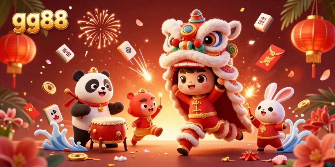Experience excitement at gg88 with a vibrant illustration depicting a festive lion dance and casino elements.