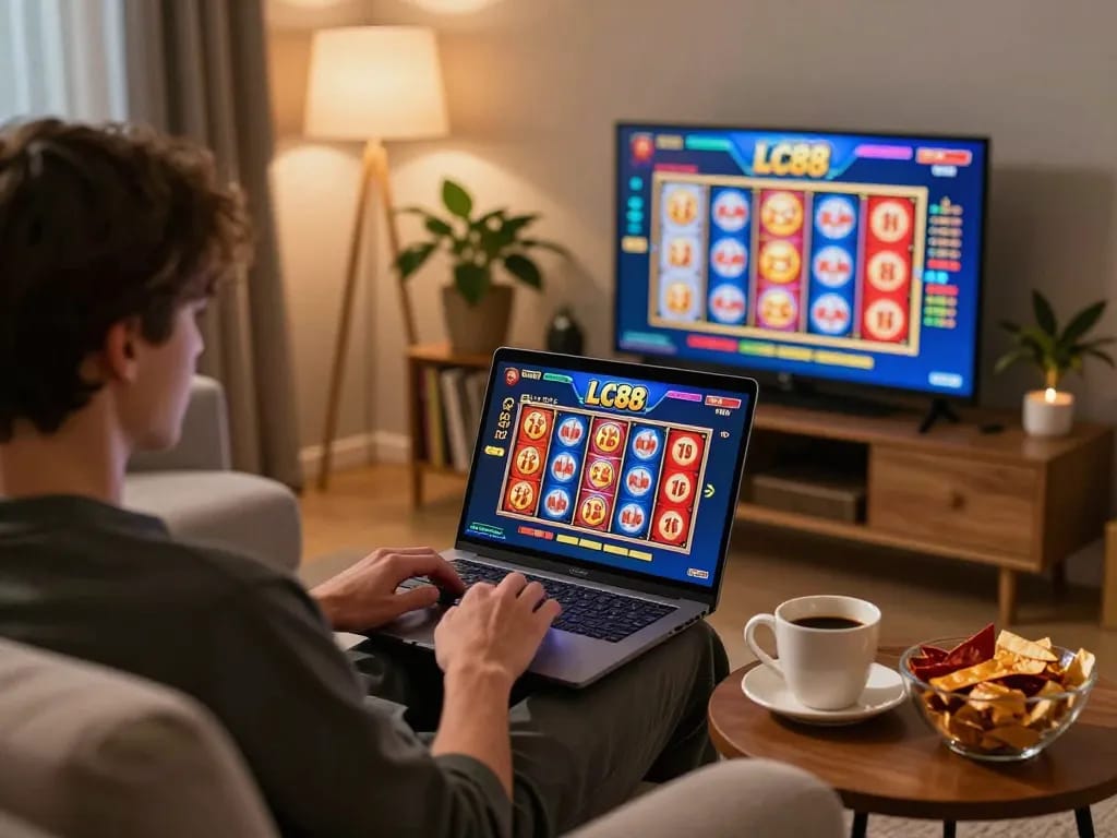 Engaged player strategizing while using the LC88 online casino platform on a laptop in a cozy living room.