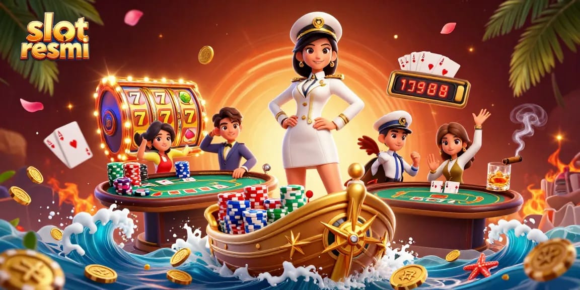Experience thrilling gaming at slot resmi, featuring dynamic slot reels and vibrant poker elements.