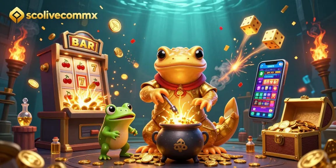 Socolivecommx showcases thrilling live casino action with vibrant golden elements and slot machines.