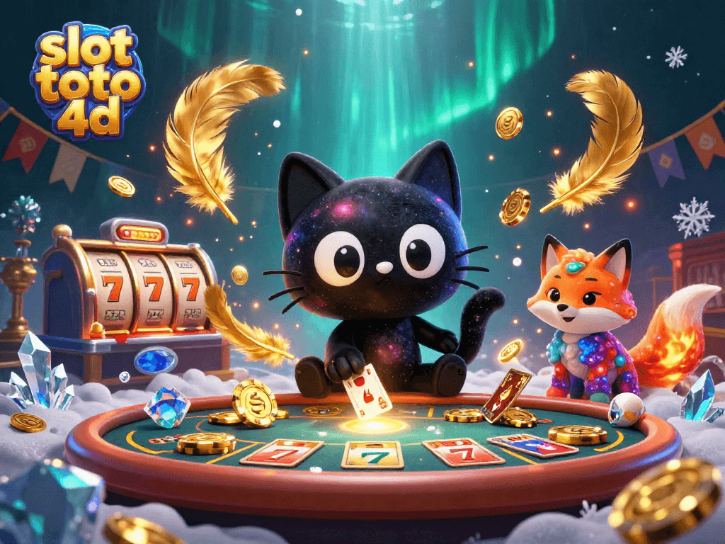 Experience captivating slot toto 4d gameplay as a black hole cat draws in golden chips at a cosmic casino.