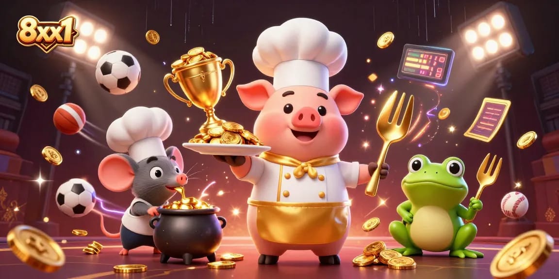 Experience thrilling gaming action with 8xx1, where a chef pig serves gold coins in a dynamic sports-themed scene.