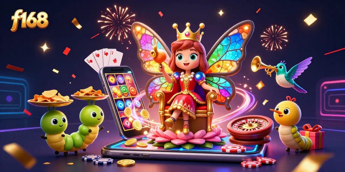Experience exciting gaming at f168 with a colorful butterfly queen and vibrant gambling elements!