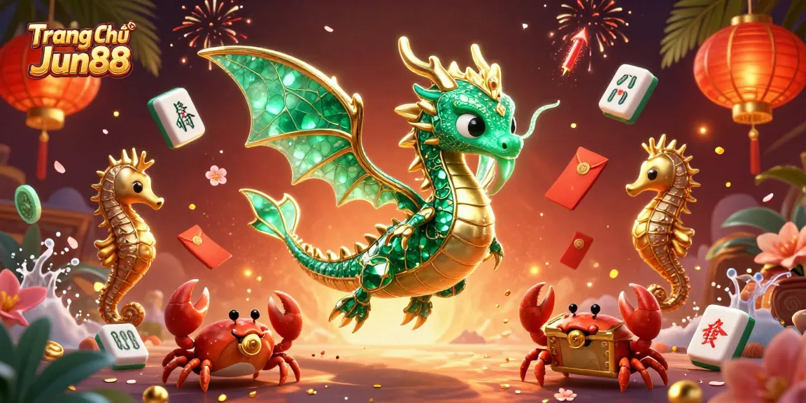 Engage with Trang Chủ Jun88's vibrant casino scene featuring a sea dragon, treasure chest, and festive decorations.