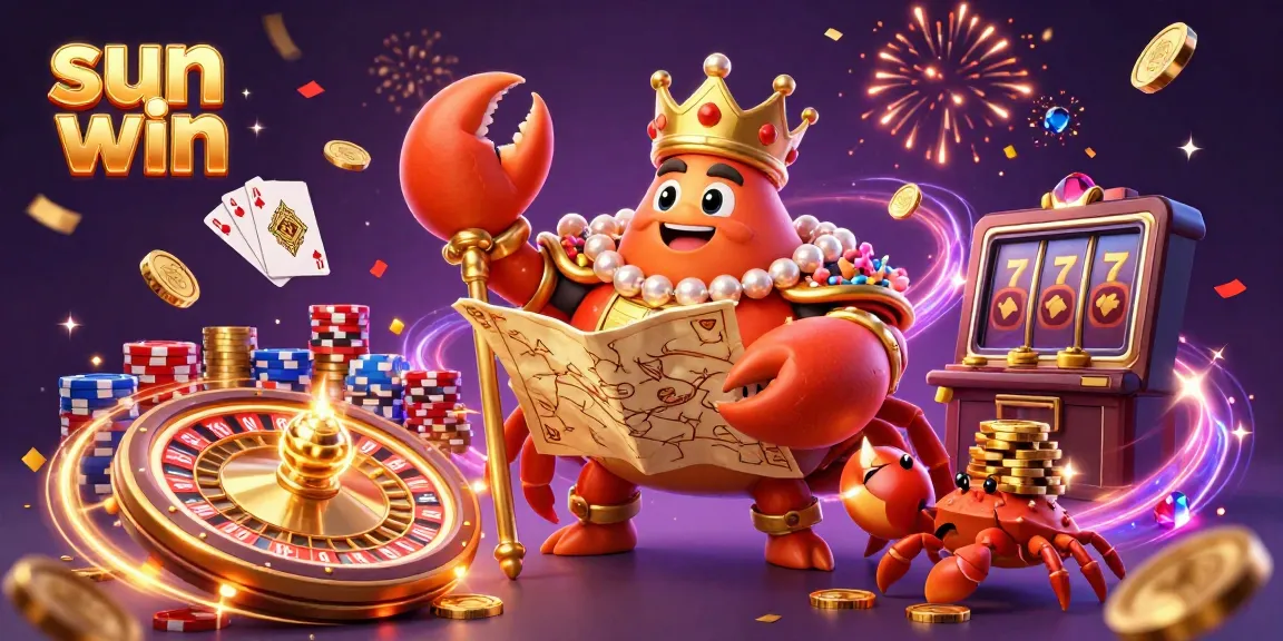 Experience thrilling wins with the sun win gaming platform featuring a cartoon crab emperor amid action-packed casino elements.