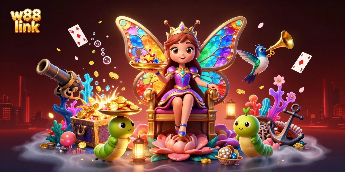 Claim your winnings with w88 link in a vibrant 3D casino illustration showcasing dynamic gaming elements.