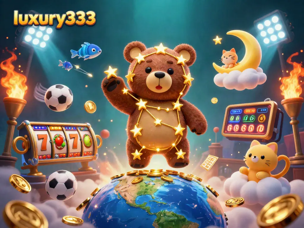 Luxury333 menghadirkan suasana kasino mewah dengan simbol slot dan koin emas yang bersinar.