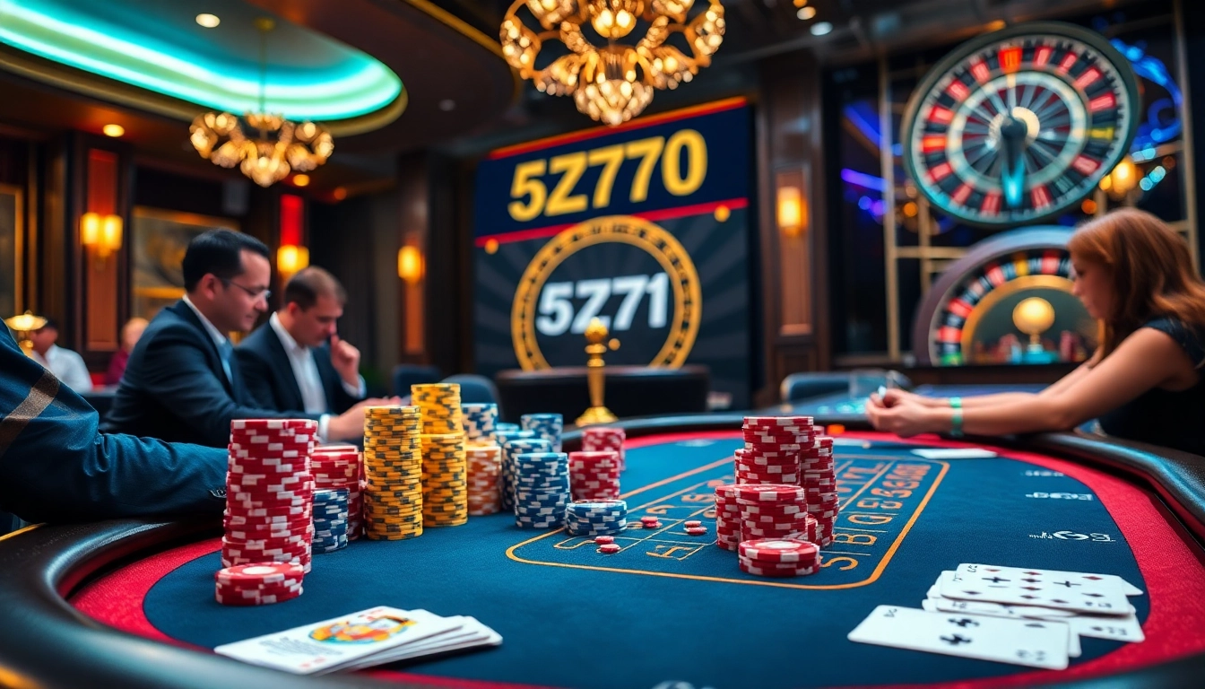 Players enjoying a thrilling game of Blackjack at a luxurious casino table, featuring 5Z777-themed poker chips.