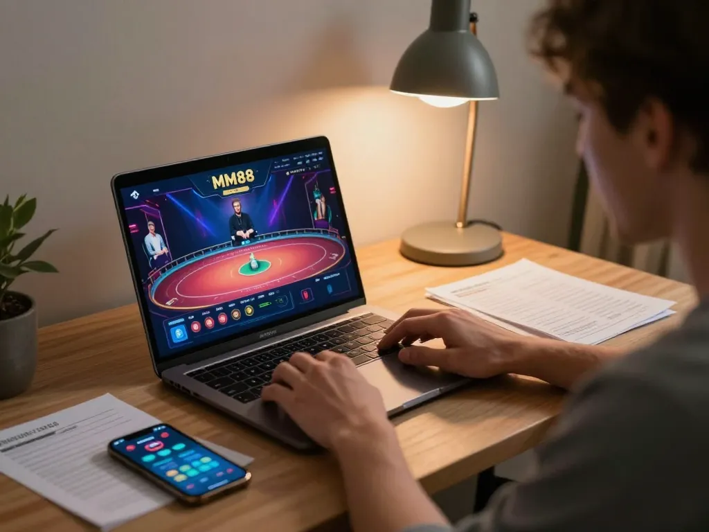 Player engaging in MM88 casino live dealer game on laptop at modern home setup.