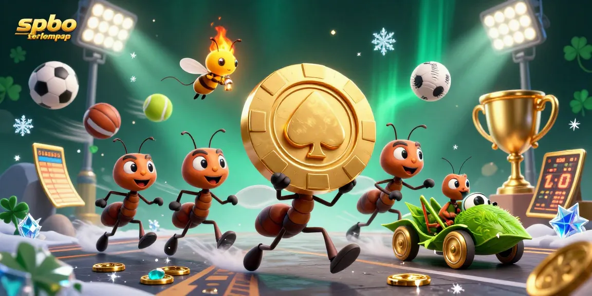 Spbo terlengkap: Ants execute an epic casino heist, showcasing vibrant gambling elements in a dynamic scene.