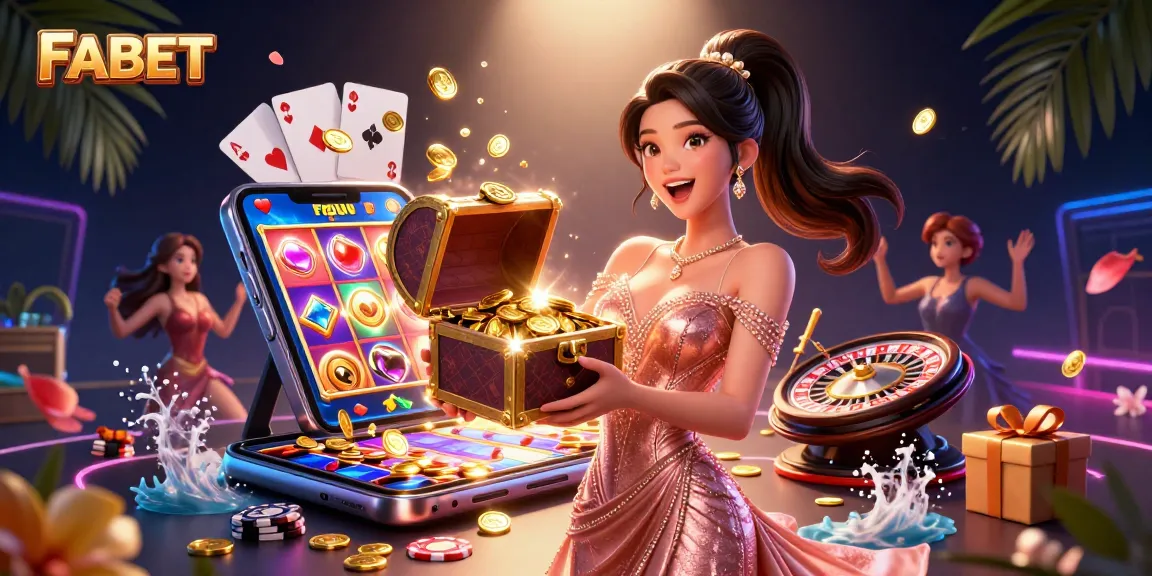 Experience FABET's exhilarating prizes with an Asian woman presenting a treasure chest in a vibrant casino scene.