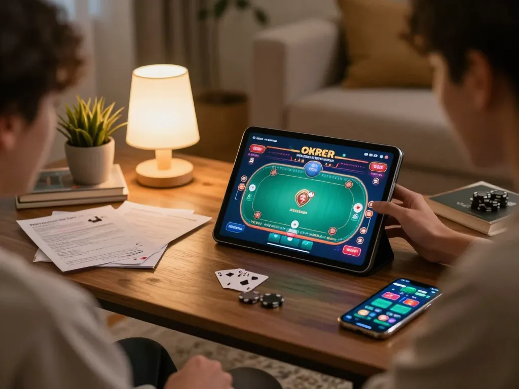 Engaging in a poker game while enjoying ดูหนังใหม่ on a tablet in a cozy living room.