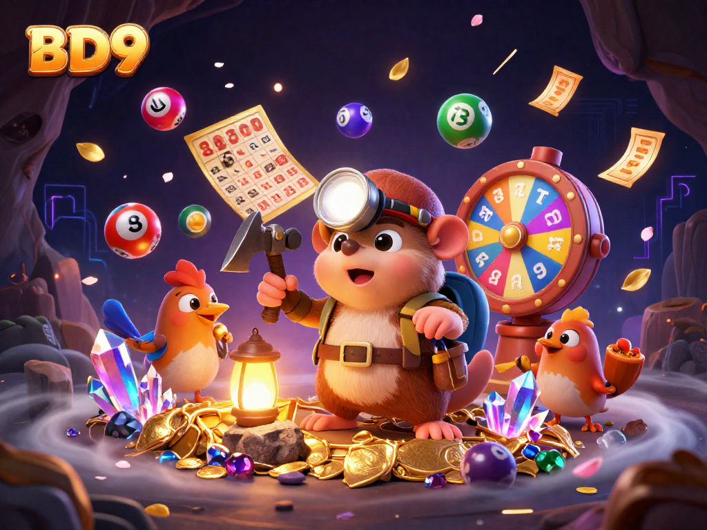 Experience thrilling gaming excitement with BD9 in a vibrant illustration of lottery and casino elements.