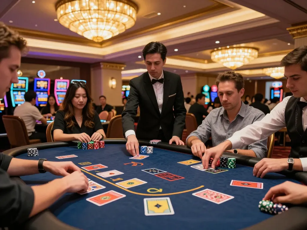 Experience the excitement of HUBET at vibrant blackjack tables with players strategizing in a luxurious casino.
