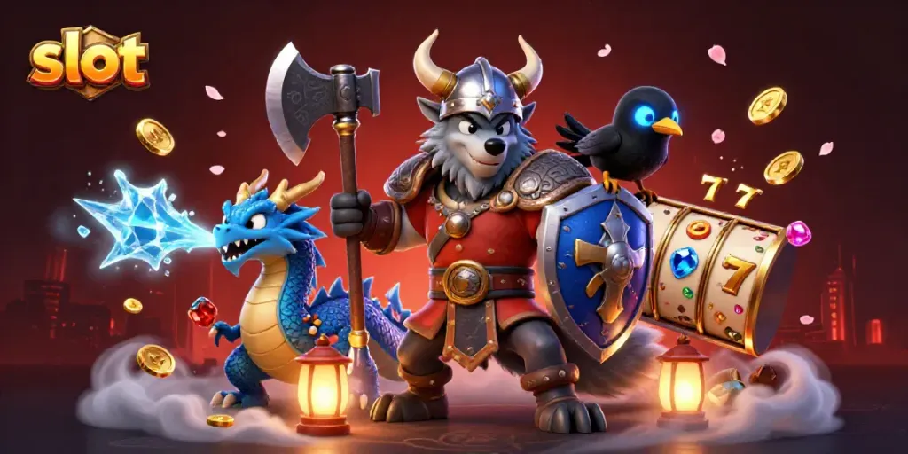 Experience exciting slot adventures with colorful reels and magical characters in this vibrant illustration.