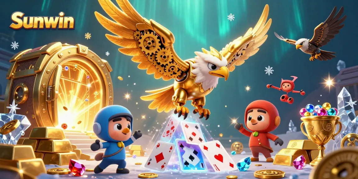 Engage in thrilling games at Sunwin, showcasing a dynamic golden eagle amidst winning treasures.