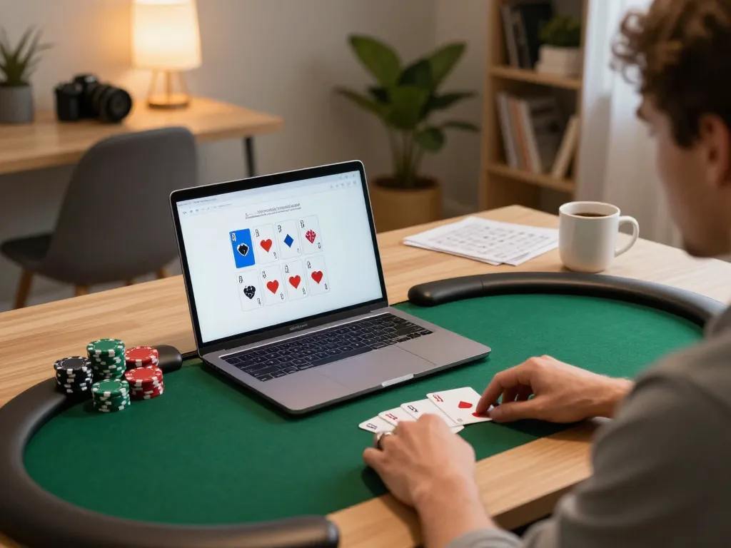 Engaging in online poker action on trang chủ 98win with detailed game display and comfortable home atmosphere