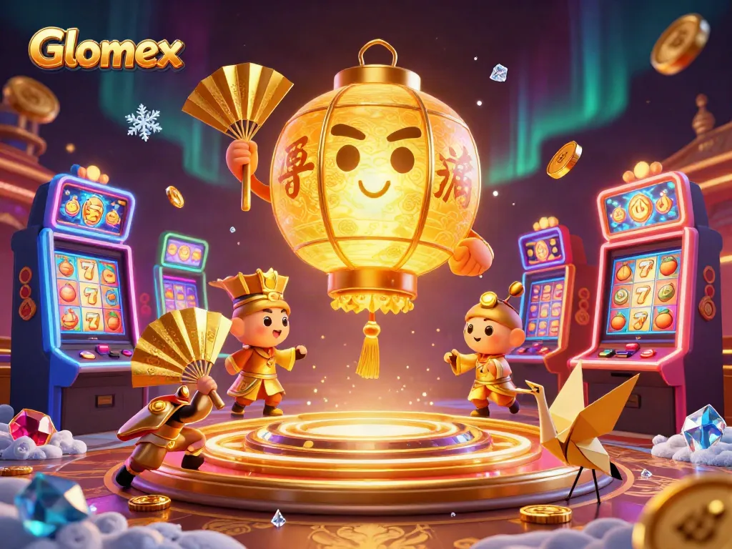 Engage in thrilling gameplay with Glomex's vibrant casino scene, showcasing slot machines and lucky symbols.