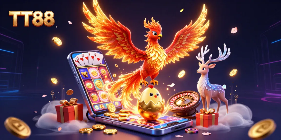 TT88 showcases an engaging scene with a fire phoenix, baby phoenix, and mystical stag surrounded by casino elements.