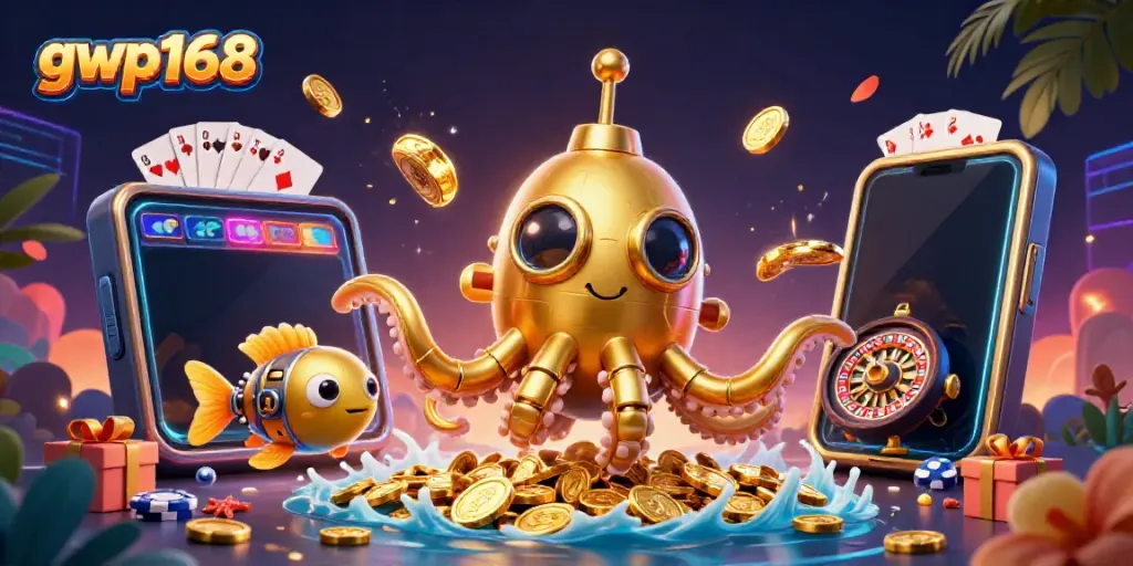GWP168 merayakan kemenangan dengan permainan slot online yang mengasyikkan dan koin emas yang berjatuhan.