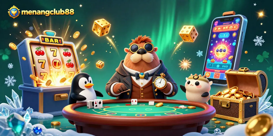 Engage with menangclub88 in a vibrant underwater poker scene featuring a walrus, penguin dealer, and a bluffing pufferfish.