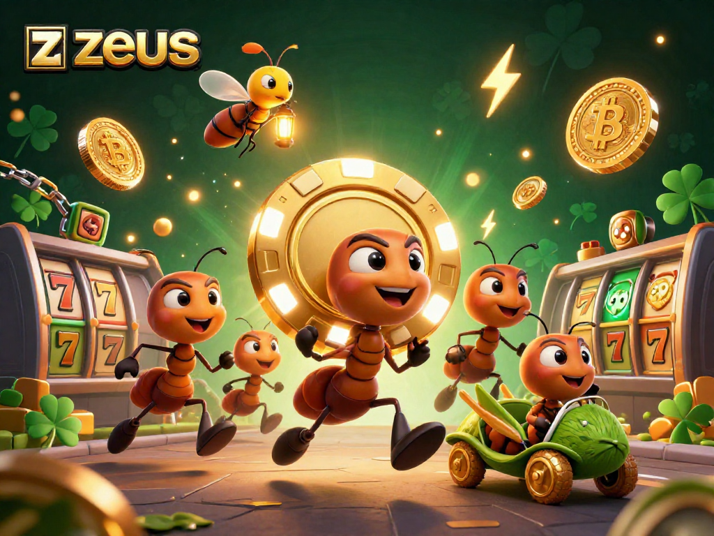 Play zeus slot game featuring ants and a grasshopper on a heist with casino elements.