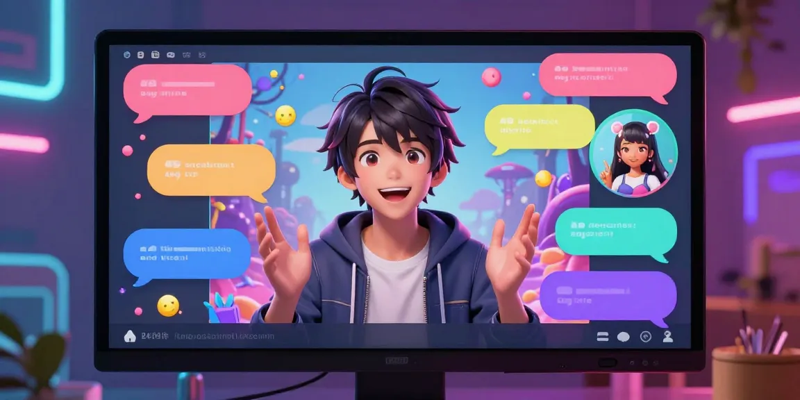 Engaging hentai chat AI interaction scene with colorful chat bubbles and anime character.