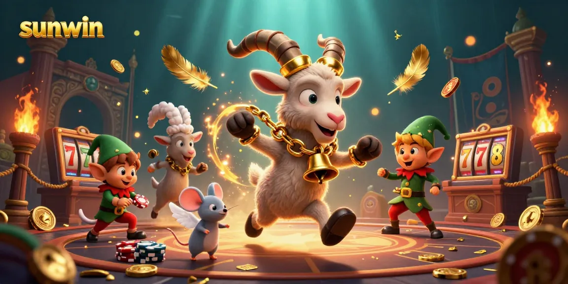Experience the thrilling sunwin casino action with a lively scene of festive characters amid spinning slot reels.