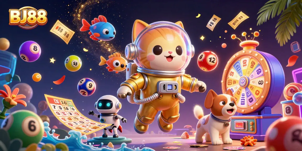 Win at BJ88 with an exciting scene featuring alien fish, a space cat, and dynamic lottery elements.