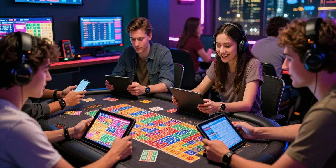 Toto 4D lottery gaming scene with friends engaging in vibrant online lottery options.