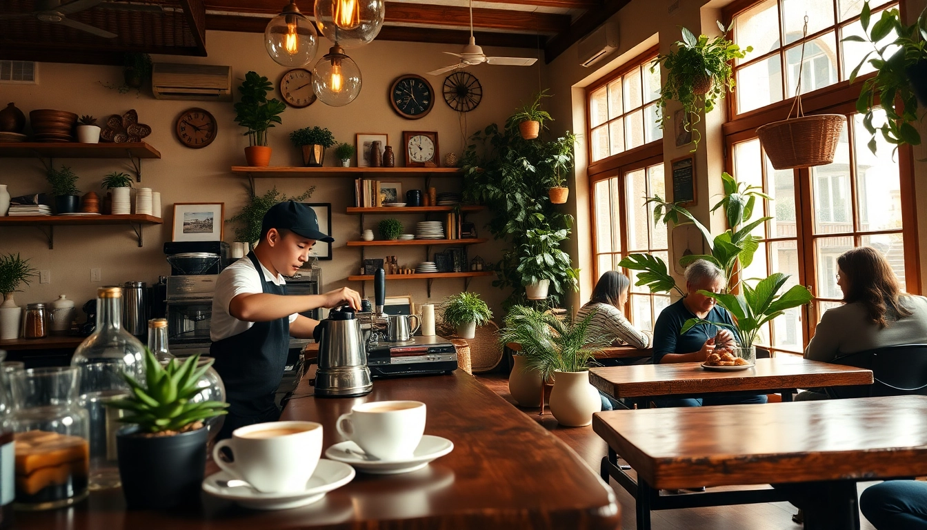 Genießen Sie Kaffee im gemütlichen Coffee Shop Lloret de Mar mit Holztheken und Pflanzen.