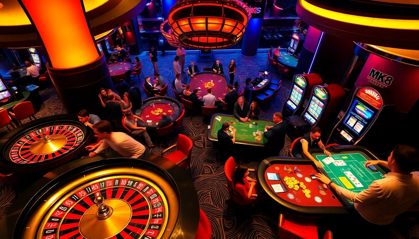 Players enjoying exciting casino games like poker and roulette at MK8, filled with vibrant energy.