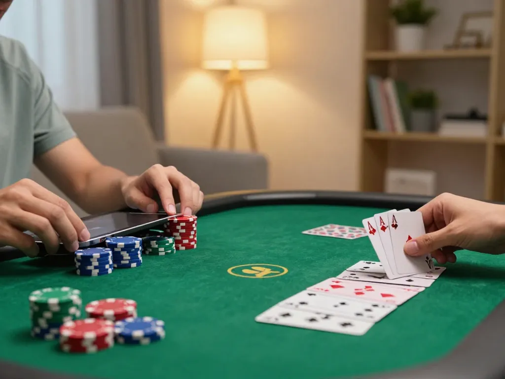 Person engaging in strategic gameplay on tg88 com poker app at home on tablet