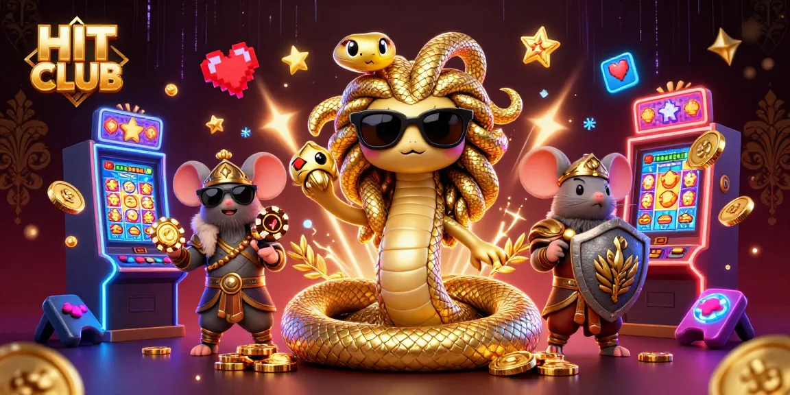 Engage with HIT CLUB’s vibrant gaming scene featuring Medusa and warrior mouse in a high-stakes casino.