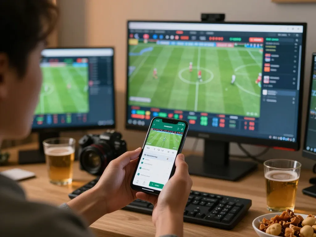 Enthusiastic bettor placing live bets on nowgoal app in a stylish home office.